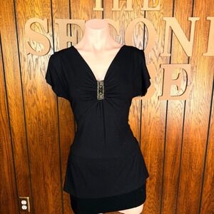 Style & Co Black Y2K Top Women Small Boho V-Neck Beaded Goth Split Sleeve Blouse